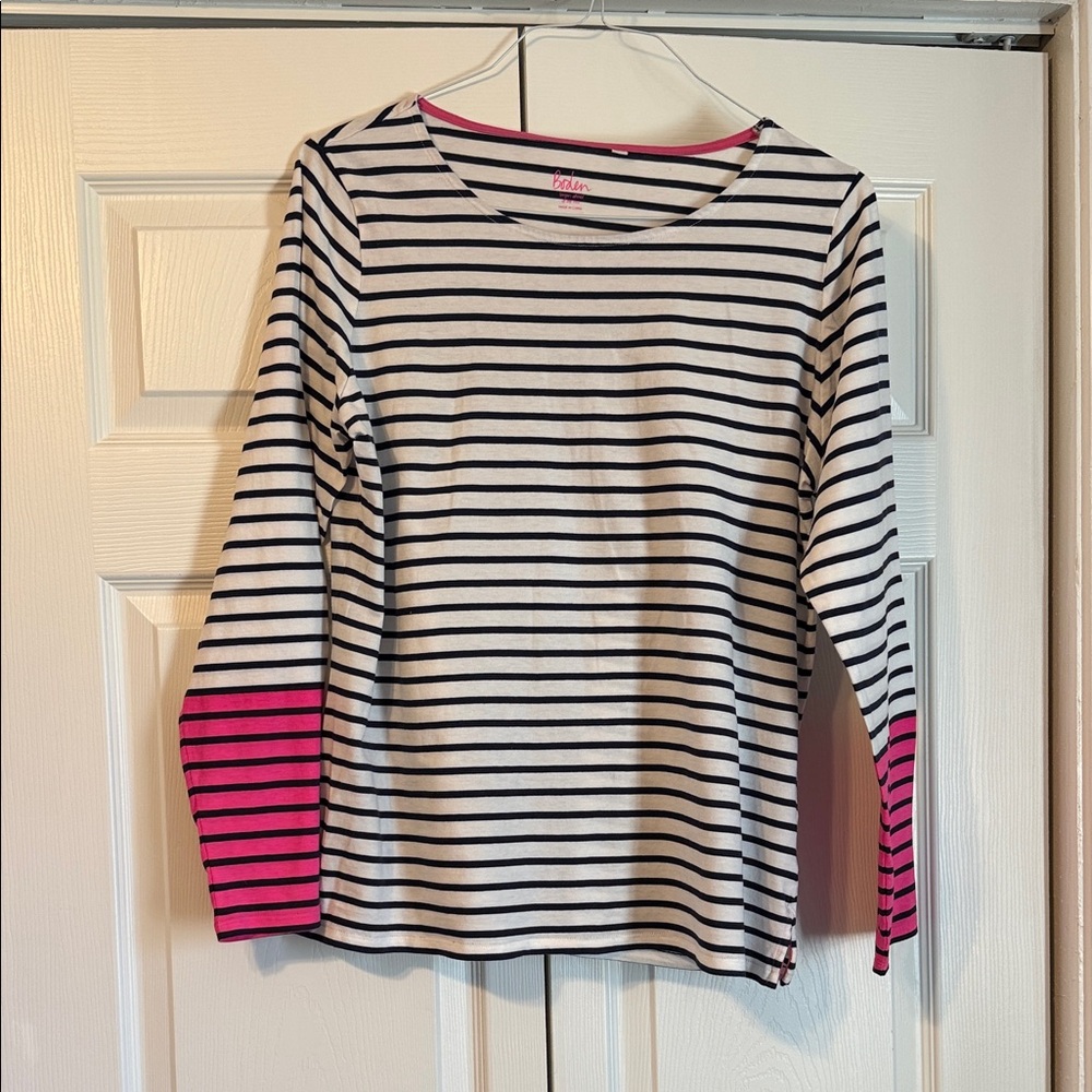 Boden Navy and White Striped Top with Pink Trim